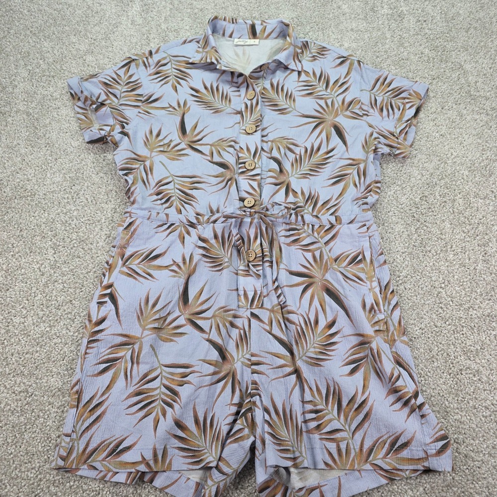 Jetty Womens Tropical Palm Print Romper Blue Cotton Tencel Button Front Small‎